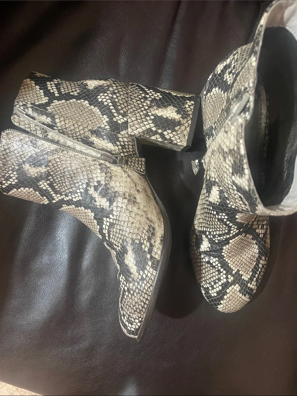 Snake-Print Ankle Booties in Beige and Black